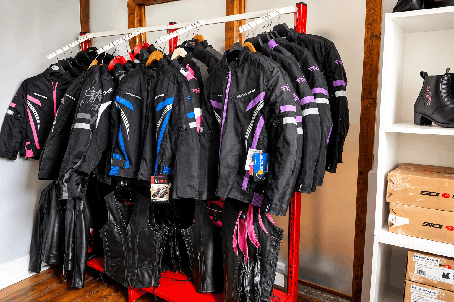 Ladies riding gear on display at The 2Wheelers Den